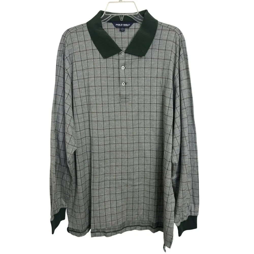 Y2K Polo Golf Ralph Lauren Green Plaid Long Sleeve Polo XXL Cotton Preppy Vtg